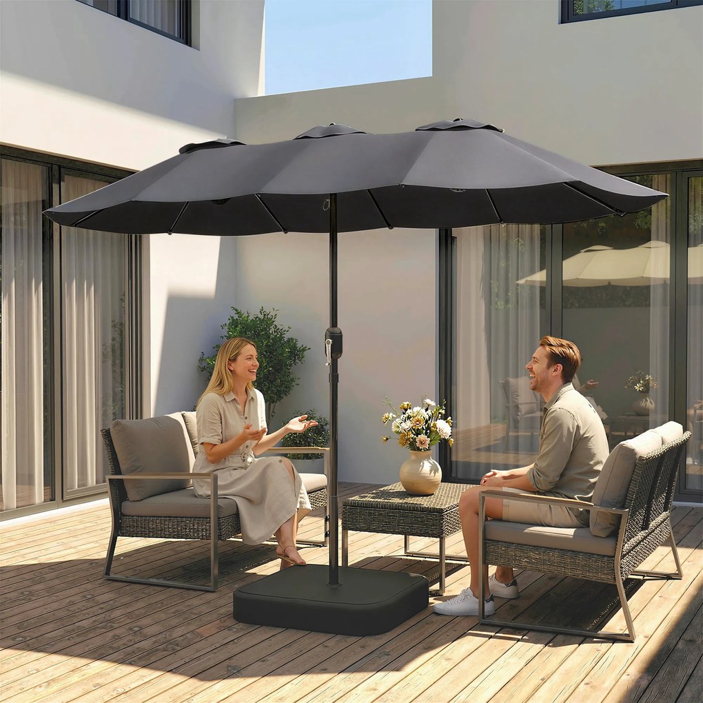 Outsunny Umbrelă Dublă cu 12 Spițe, Manivelă, Bază Metalică și Saci de Nisip, din Metal și Poliester, 3x1.5 m, Gri Închis | Aosom Romania