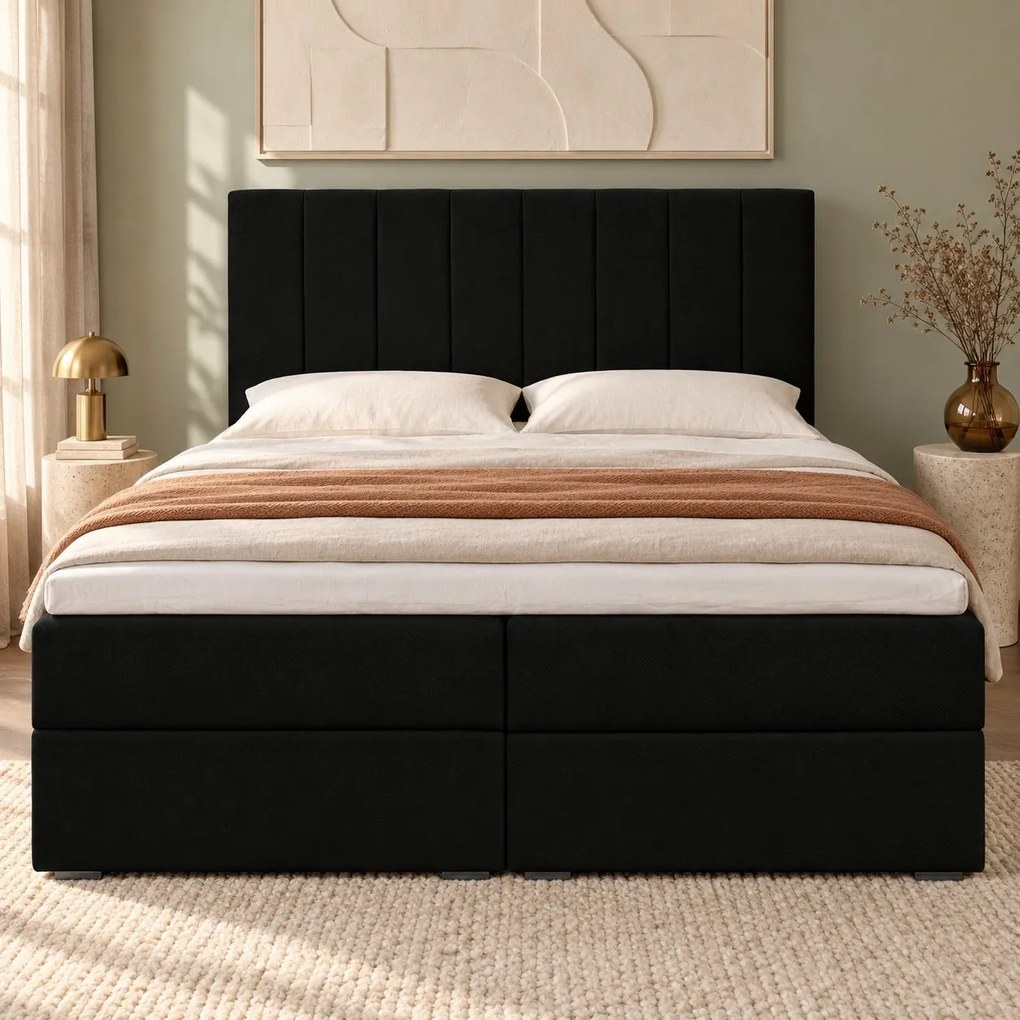 Pat boxspring din catifea Novella cu ladă 180×200 cm, negru