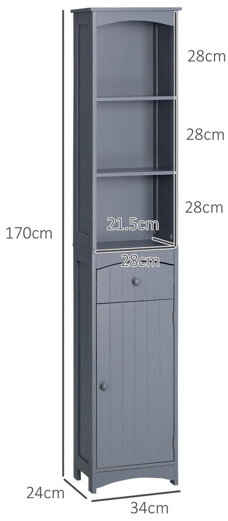 HOMCOM Dulap Înalt de Baie Îngust cu 1 Sertar și 3 Rafturi Deschise Stil Modern 34x24x170 cm Gri | Aosom Romania