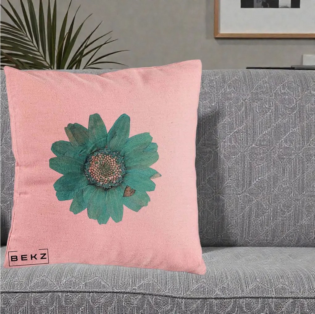 Perna Decorativa Floare Gerbera Teal Acuarela, 40x40 cm, Roz, Husa Detasabila, Perna Inclusa, BEKZ®
