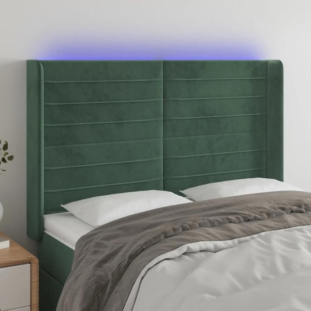3124239 vidaXL Tăblie de pat cu LED, verde închis, 147x16x118/128 cm, catifea