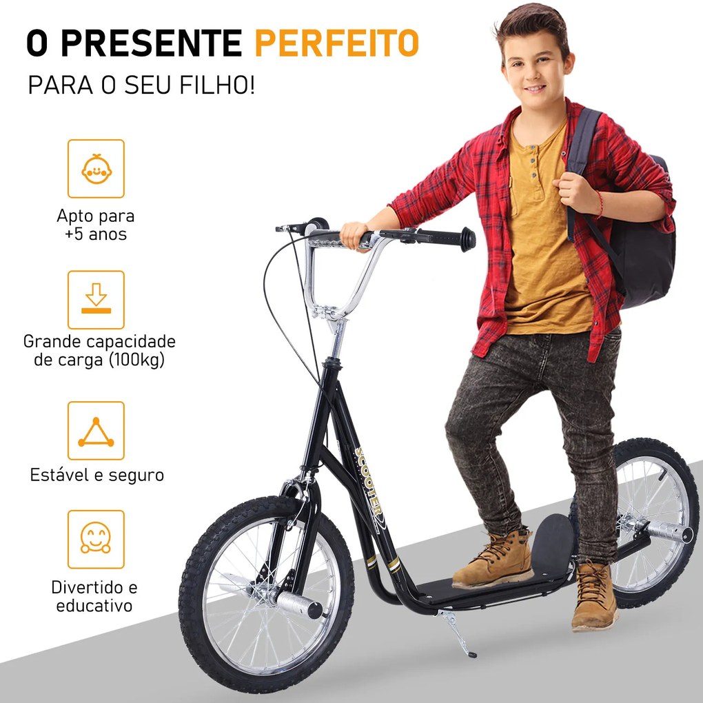 HOMCOM Trotinetă pentru Copii 5+, Roți Mari de 16", Înălțime Reglabilă, Frâne și Suport, Negru | Aosom Romania