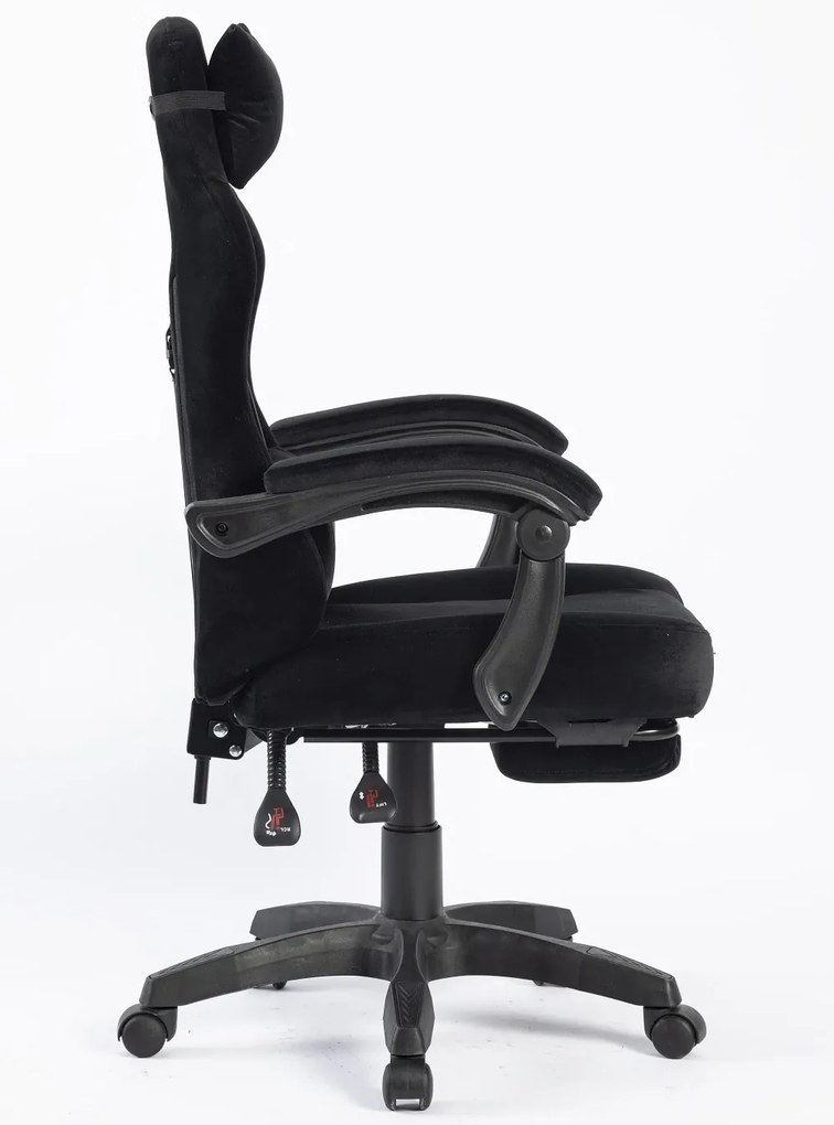 RESIGILAT- Scaun gaming, masaj în perna lombară, suport picioare, negru, catifea