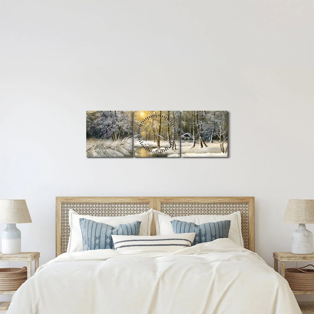 Tablou - Cabană în pădure, pictură în uei (cu ceas) (90x30 cm)