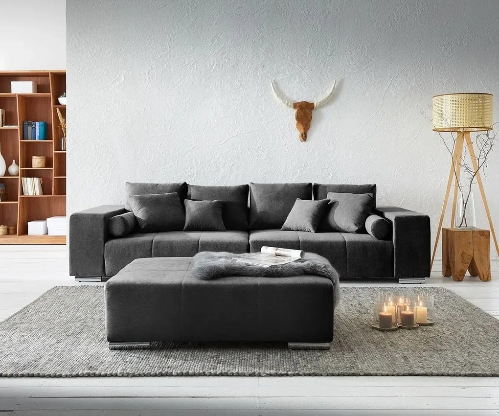 Canapea extensibilă dumonde cu ladă de depozitare si sezut confortabil din spuma high-density, Marbela Enjoy Black XXL 295x100 cm cu taburet inclus