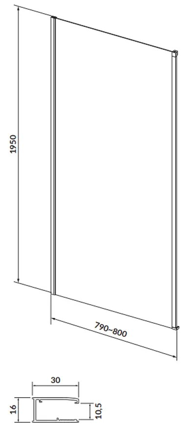 Perete lateral fix 80x195 cm Cersanit Larga profil negru 800x1950 mm, Negru mat