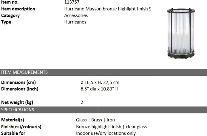 Suport lumanare design LUX Mayson S, bronz lucios 113757 HZ