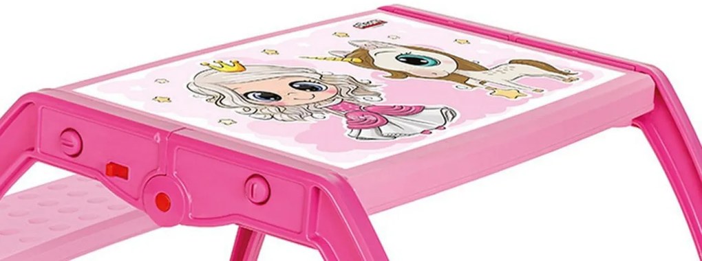 Masuta copii din plastic aditivat cu doua bancute Novokids™ Study Table, dimensiuni 95X78X49 cm, Suprafata lucioasa, Model Printesa cu Unicorn, Roz