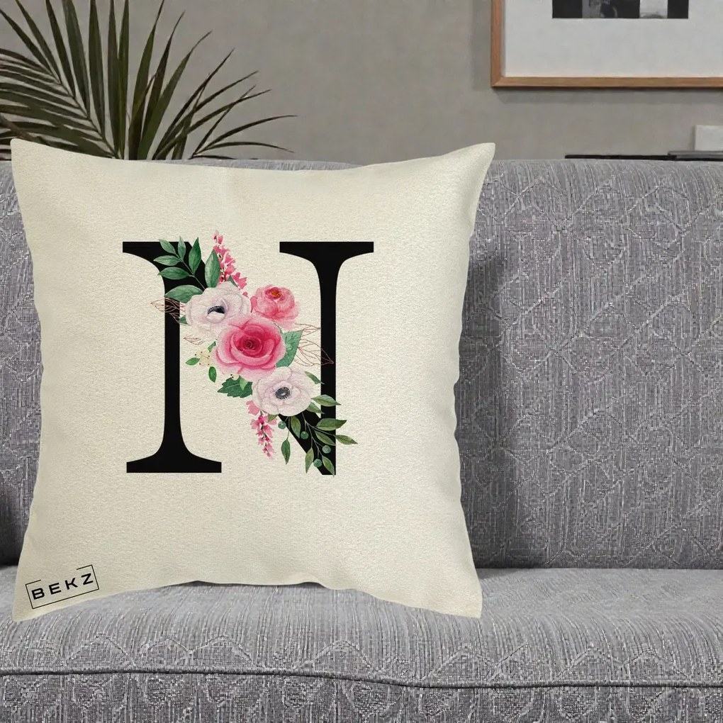 Cadou Personalizat - Perna Personalizata Monograma Florala Litera N, 40x40 cm, Ecru, Husa Detasabila, Perna Inclusa, BEKZ®