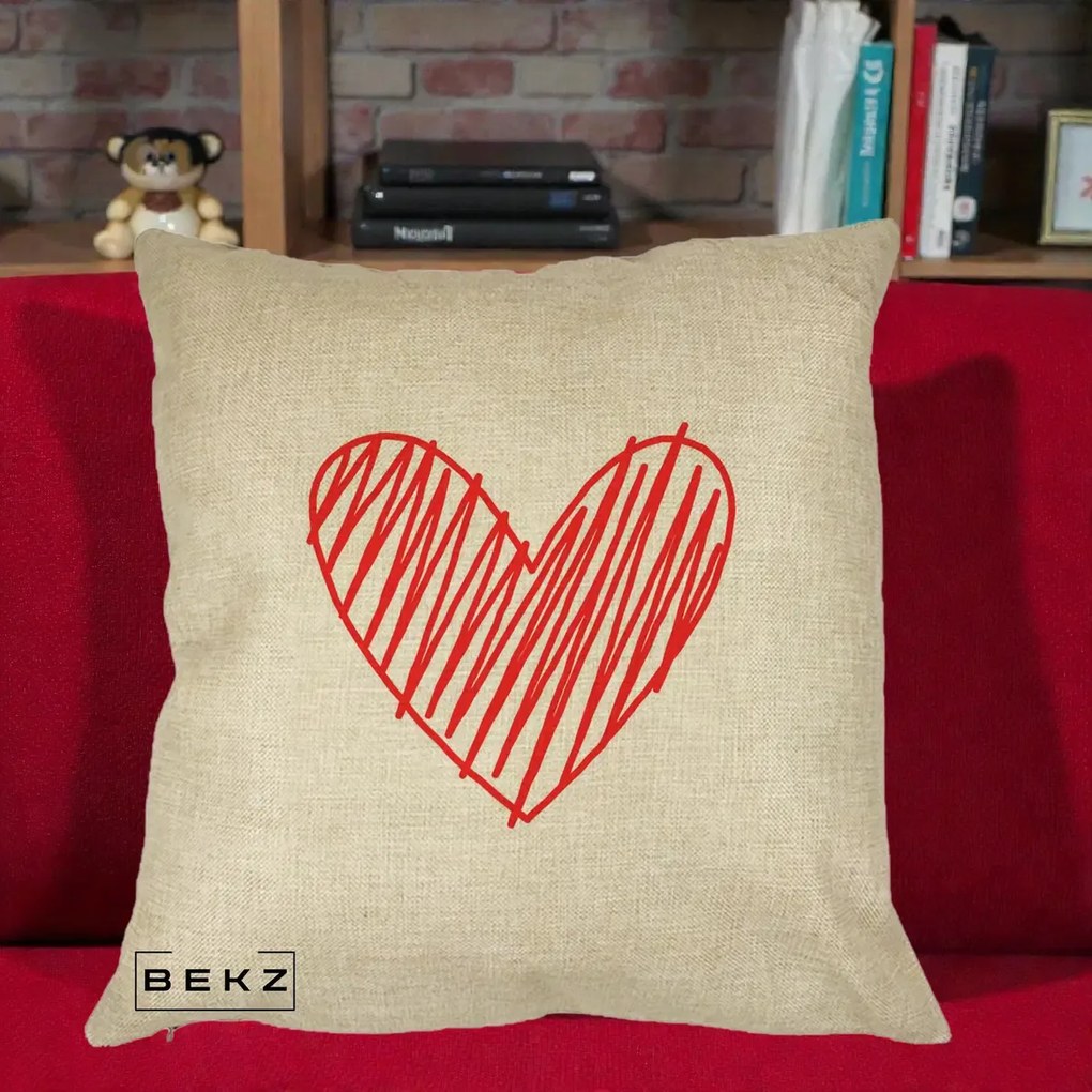 Perna Decorativa Inima Rosie Desen Manual, 40x40 cm, Crem, Husa Detasabila, Perna Inclusa, BEKZ®
