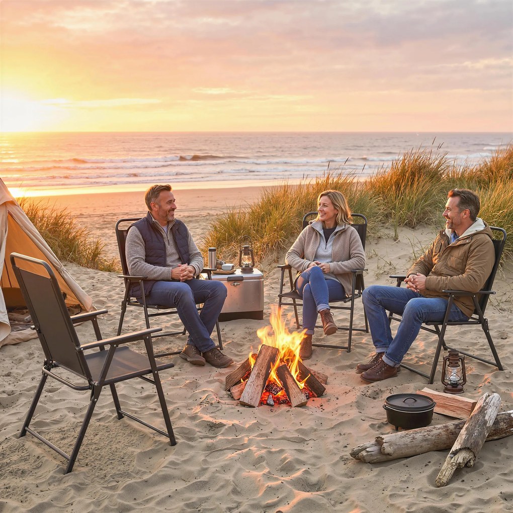 Outsunny Set de 4 Scaune de Camping Pliabile cu Spătar Înalt Șezut Lat și Cotiere Țesătură Textilene Respirabilă Negru | Aosom Romania