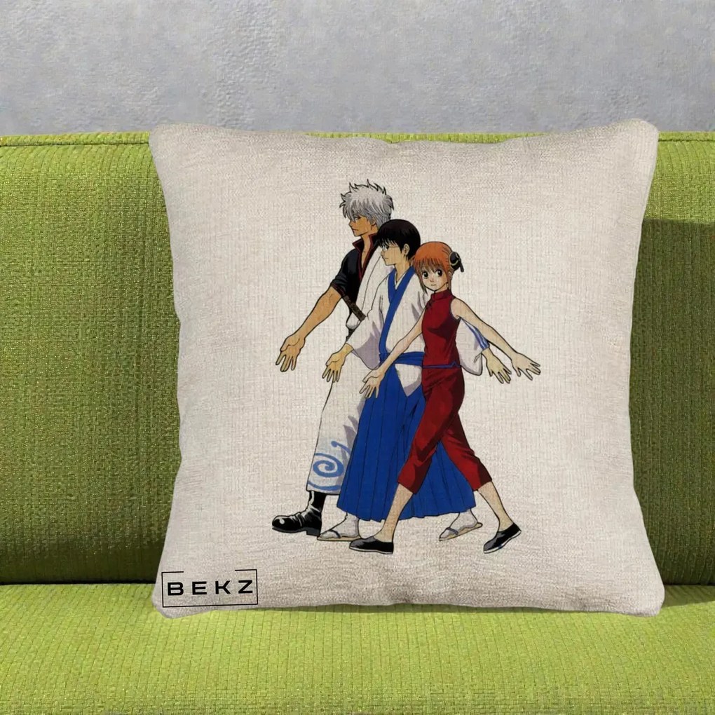 Perna Personalizata Gintama Trio Gintoki Shinpachi Kagura, 40x40 cm, Bej Canapea, Husa Detasabila, Perna Inclusa, BEKZ®