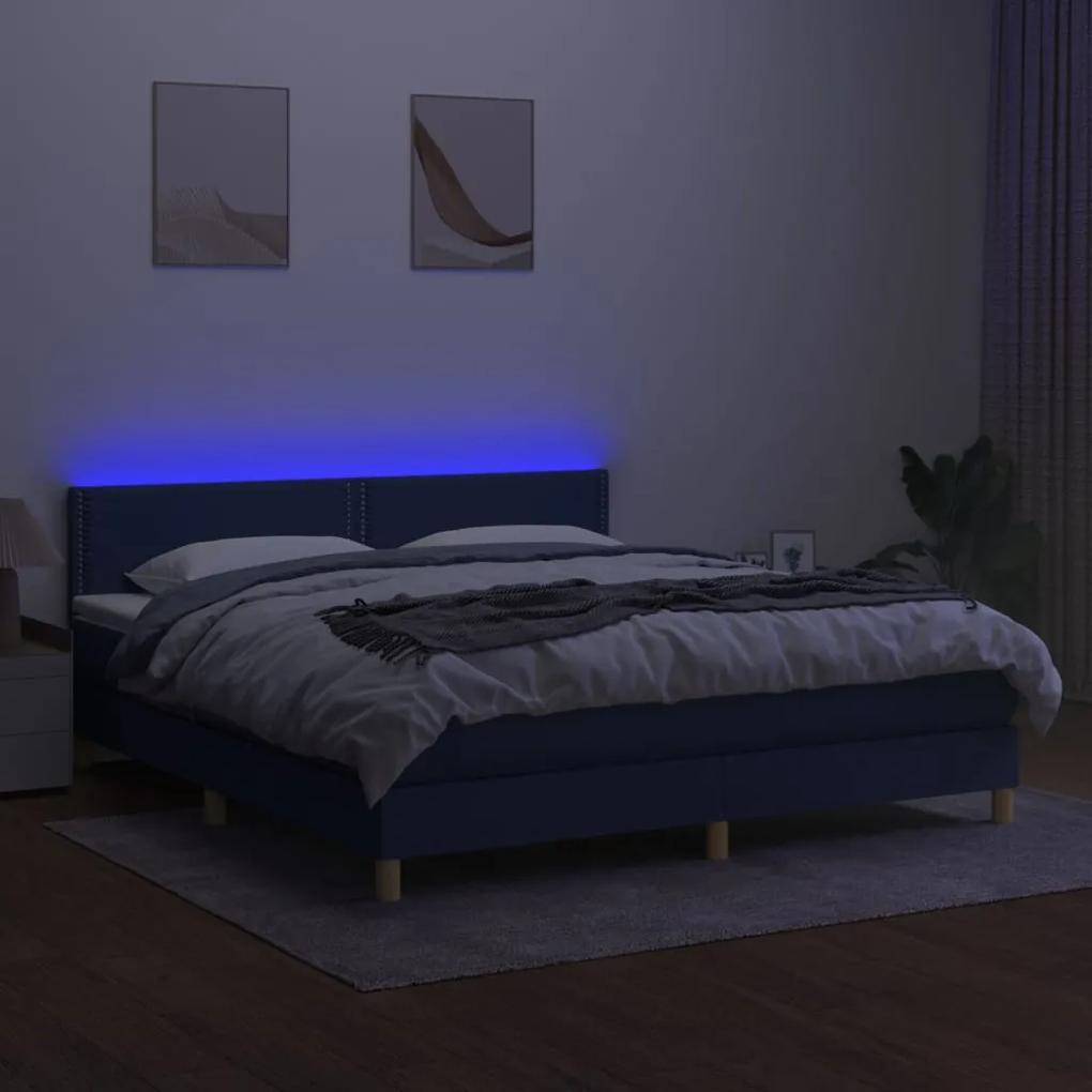 Pat cu arcuri, saltea si LED, albastru, 160x200 cm, textil Albastru, 160 x 200 cm, Culoare unica si cuie de tapiterie