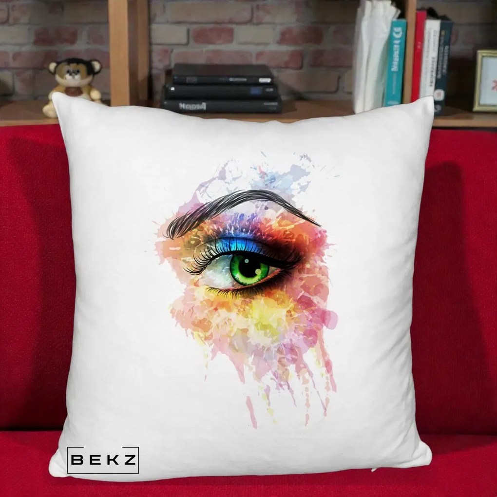 Perna Decorativa Ochi Verde Acuarela, 40x40 cm, Alb Pufos, Husa Detasabila, Perna Inclusa, BEKZ®