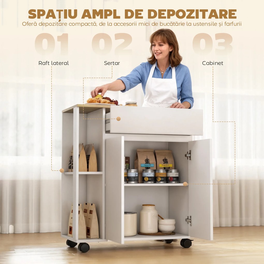 HOMCOM Cărucior Bucătărie, Insulă Bucătărie cu Sertar, Dulap, 2 Rafturi Laterale și Rafturi Reglabile, Cărucior Multifuncțional din Lemn, 78x39,5x88,5 cm, Alb și Stejar | Aosom Romania