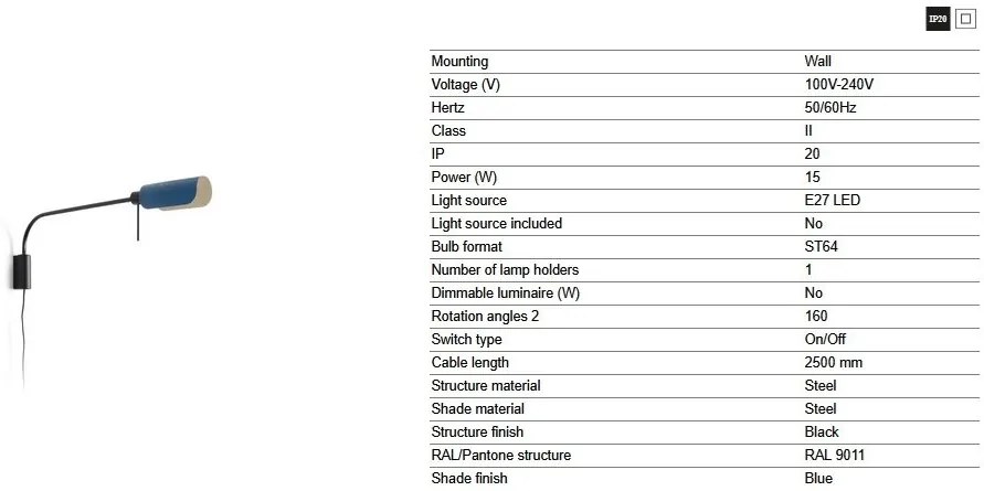 Aplica metal stil retro abajur ajustabil MARTINICA XL negru, blue