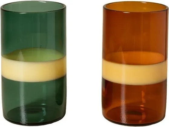 Set 4 pahare din sticlă borosilicată bicoloră, verde și portocaliu cu bordură galbenă, 11 × 6 cm, „Twiggy"
