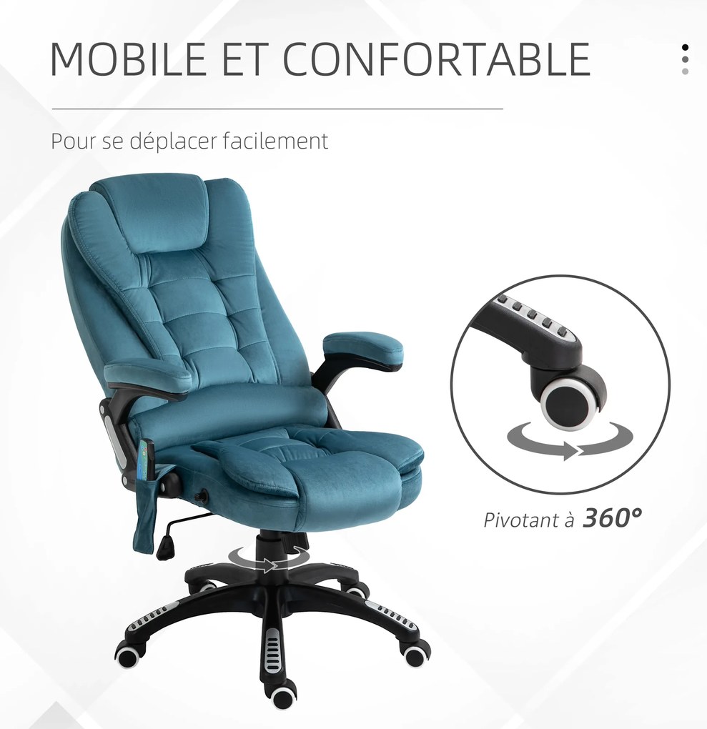 Vinsetto Fotoliu de birou cu funcție de masaj și încălzire, scaun de birou, scaun ergonomic cu înălțime reglabilă, spătar inclinabil și telecomandă cu fir, pivotant la 360° material din poliester bleu | Aosom Romania