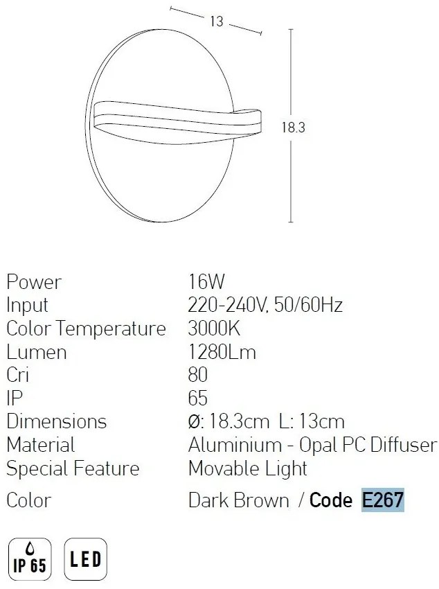 Aplica LED de perete pentru iluminat exterior IP65 Hiug maro inchis