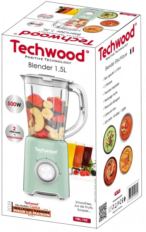 Blender Techwood TBL-782, 500W, 1.5 litri, 2 viteze + impuls, Cutite otel, Verde deschis