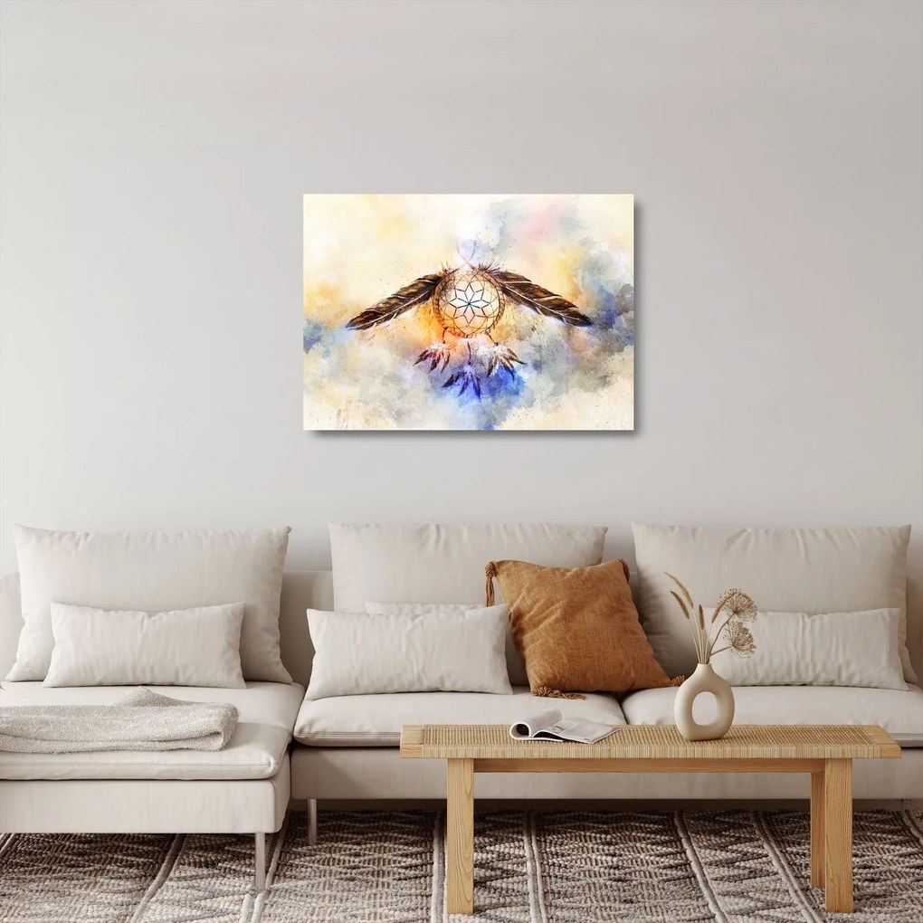 Tablou pe sticlă - Captator de vise cu pene (70x50 cm)