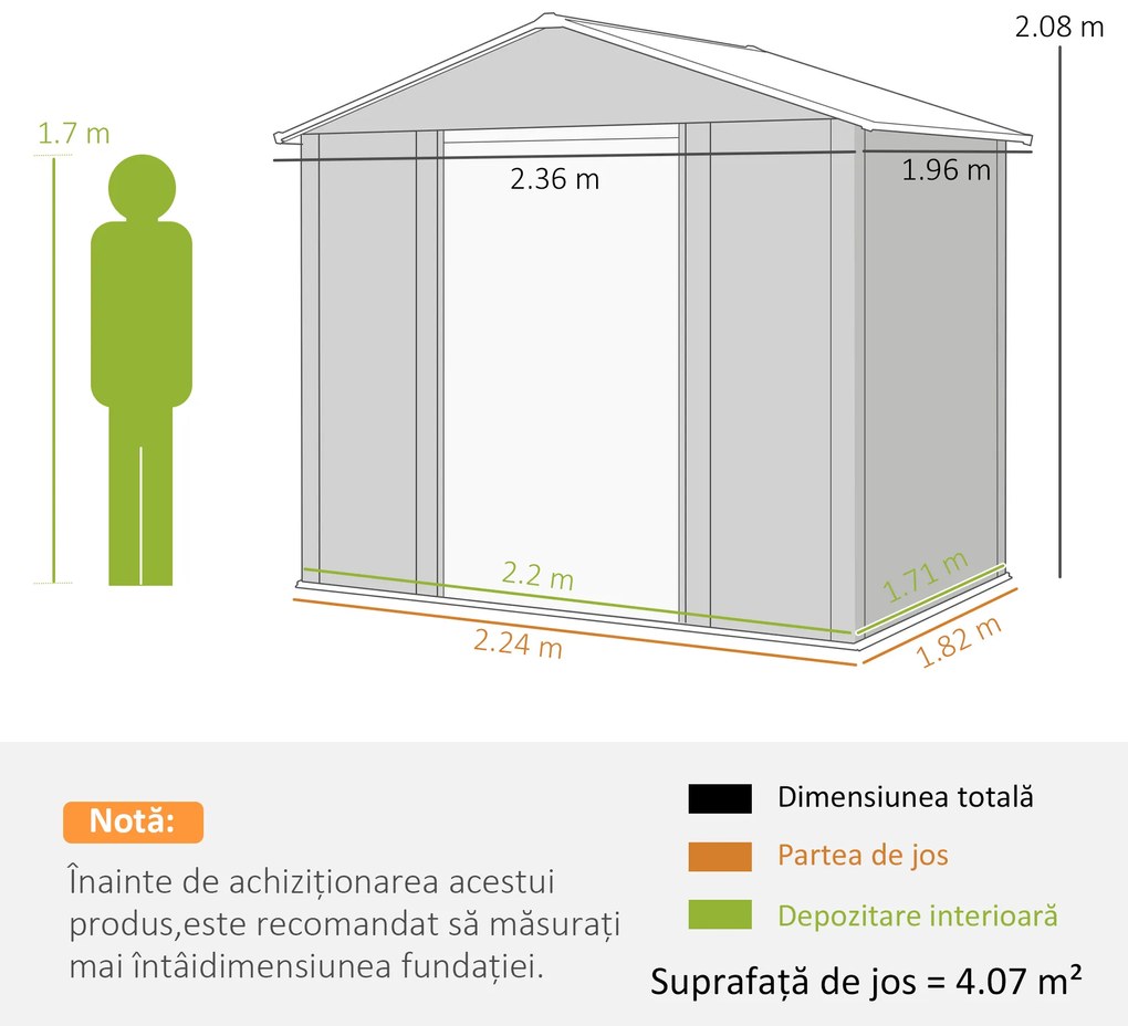 Outsunny Magazie de Grădină din Oțel cu Uși Glisante Duble 236x196x208 cm | Aosom Romania