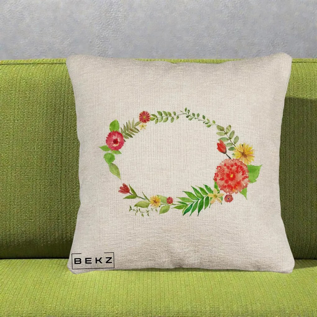 Perna Decorativa Coroana Florala Acuarela, 40x40 cm, Bej Canapea, Husa Detasabila, Perna Inclusa, BEKZ®