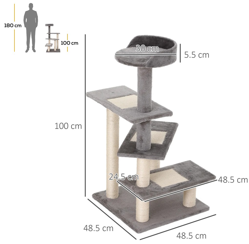 PawHut Arbore de Zgâriat pentru Pisici cu Culcuș Rotund, Stâlpi din Sisal și Acoperire din Pluș, 48,5x48,5x100 cm, Gri | Aosom Romania