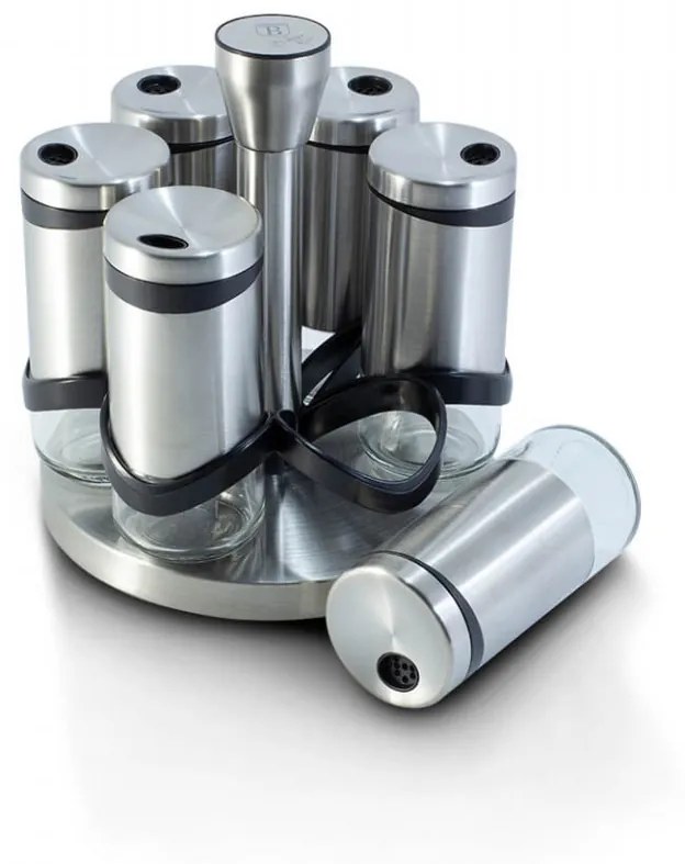 Set 6 recipiente pentru condimente 120 ml si suport rotativ din otel inoxidabil Spiceholders Berlinger Haus BH 1991