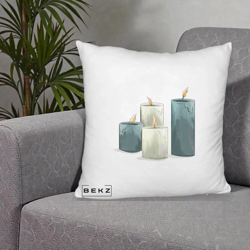 Perna Decorativa Lumanari Hygge Alb-Verde, 40x40 cm, Alb Pufos, Husa Detasabila, Perna Inclusa, BEKZ®