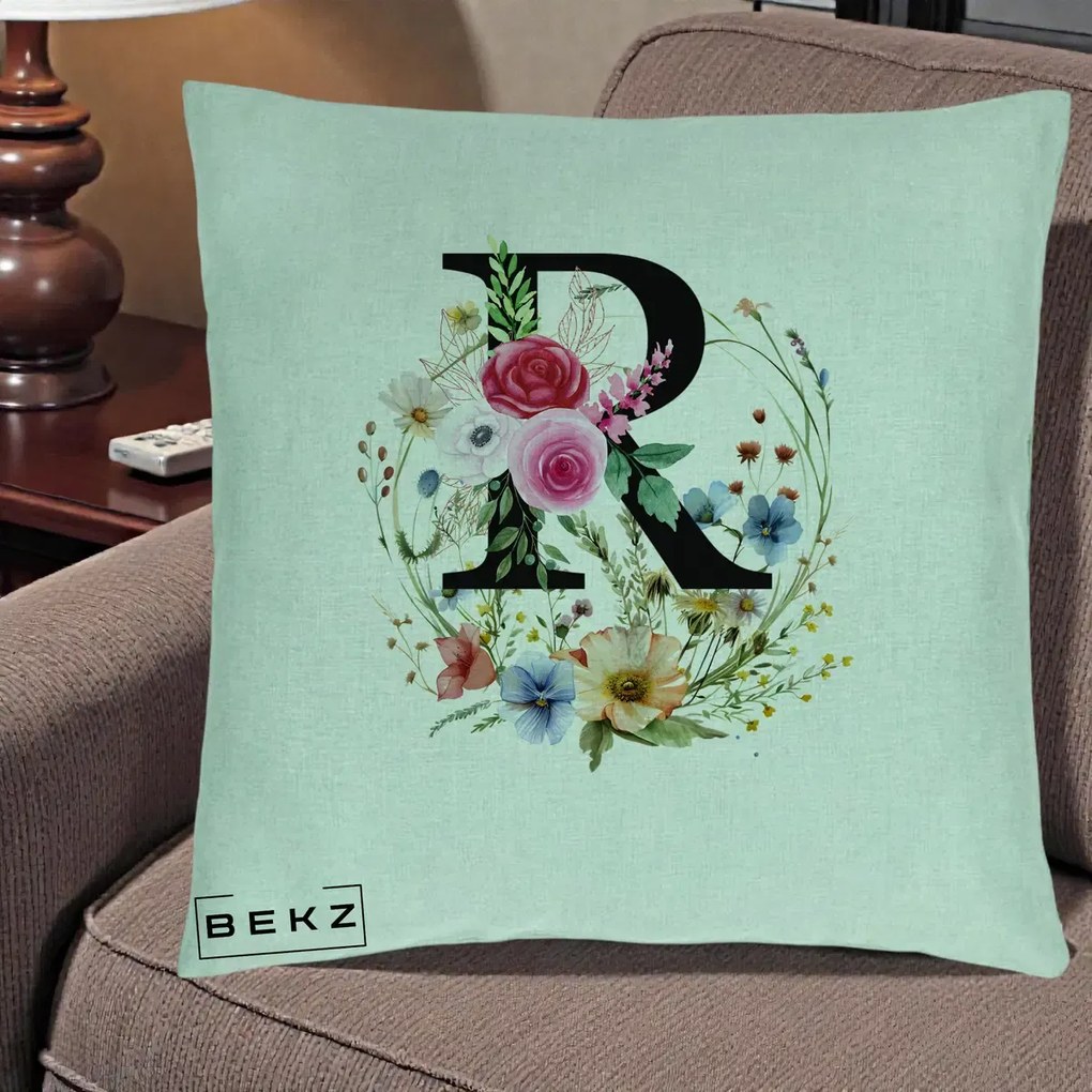 Cadou Personalizat - Perna Personalizata Monogram Litera R cu Flori Acuarela, 40x40 cm, Verde Menta, Husa Detasabila, Perna Inclusa, BEKZ®