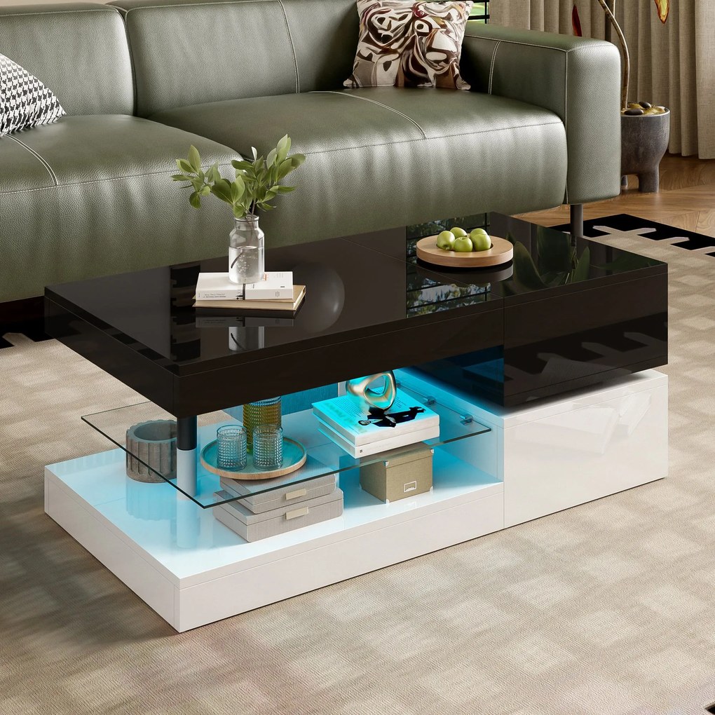 Masă de cafea cu iluminare ambientală LED, poliță din sticlă &amp; finisaj lucios, 90x45x35,5 cm, Negru+Alb