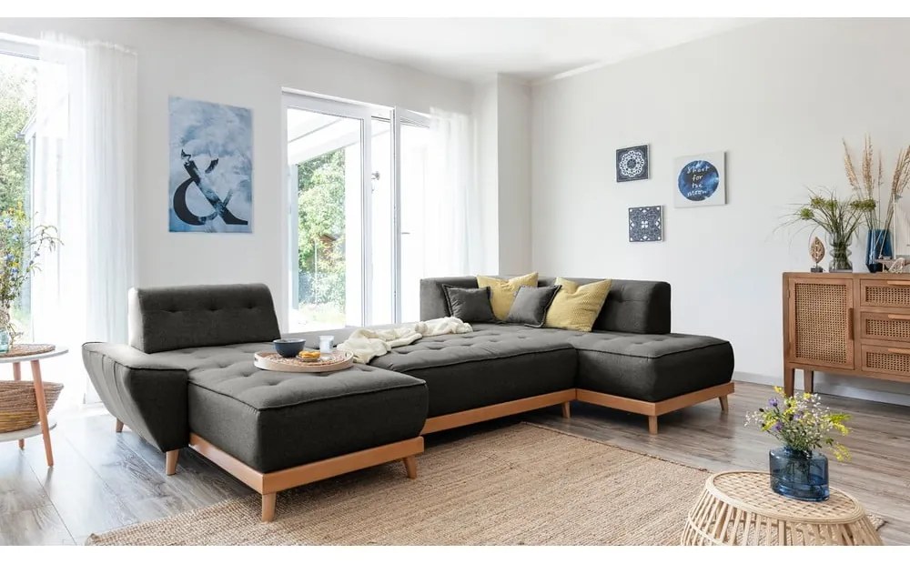 Canapea extensibilă în formă de "U" cu șezlong pe partea dreaptă Miuform Dazzling Daisy, gri închis