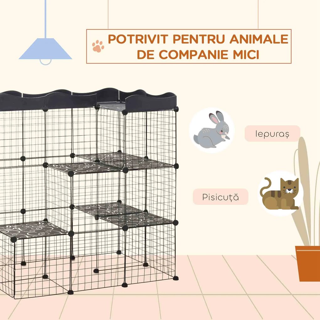 PawHut Țarc Modular pentru Animale de Talie Mică, cu Panouri și Accesorii, 105x70x116 cm, Negru | Aosom Romania