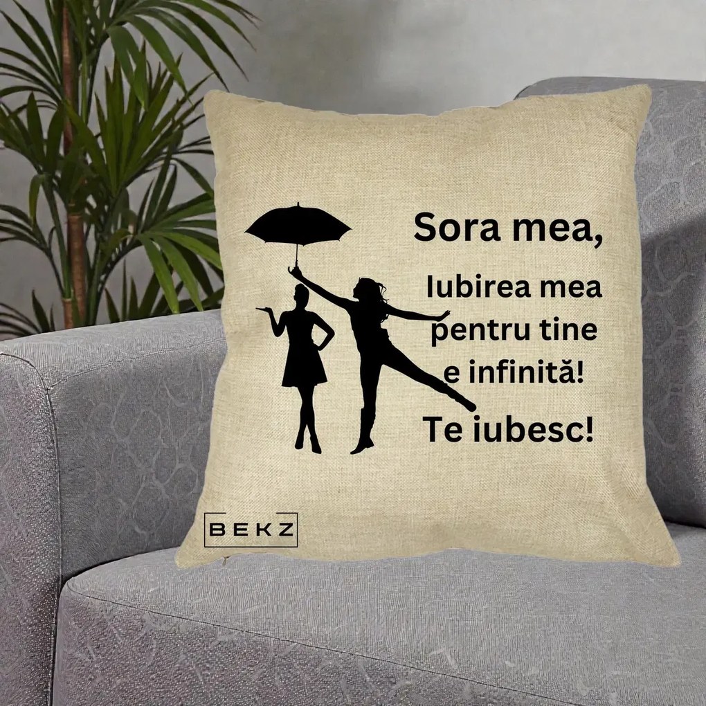 Cadou pentru Sora - Perna Personalizata Sora Mea Te Iubesc Siluete Negre cu Umbrela, 40x40 cm, Crem, Husa Detasabila, Perna Inclusa, BEKZ®