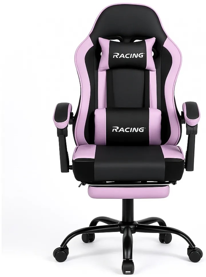 Scaun gaming, Masaj în perna lombară, Suport picioare, Rabatabil 90-165°, piele PU, Negru/Mov