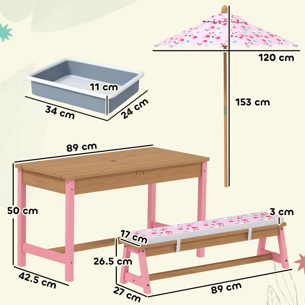 AIYAPLAY Masă de picnic pentru copii cu bănci, perne, umbrelă pliabilă, cutii de depozitare detașabile, model flamingo, roz | Aosom Romania