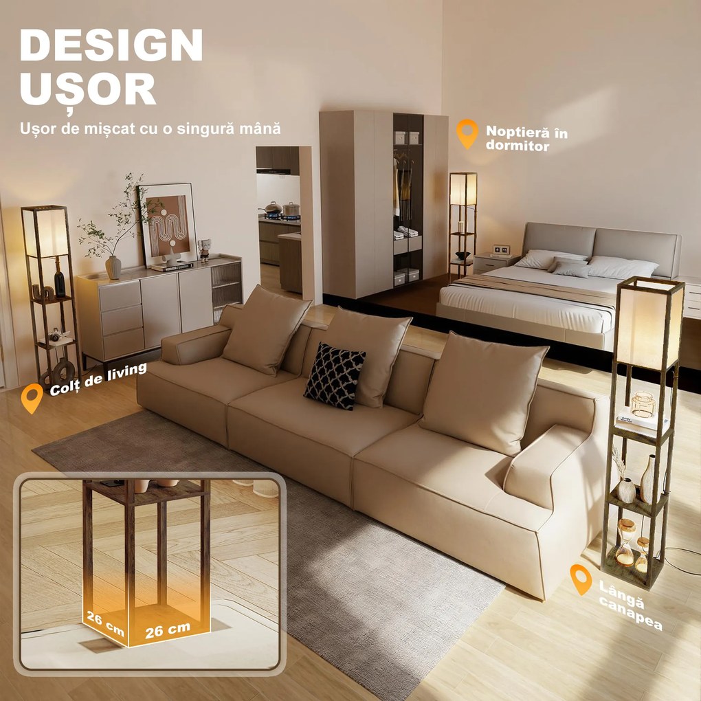 Lampă de Podea HOMCOM LED cu Rafturi, Lampă Modernă cu Comutator cu Pedală și Porturi USB, Temperatură Reglabilă a Luminii pentru Living, Dormitor, Maro | Aosom Romania
