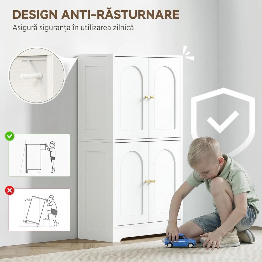 HOMCOM Comodă Bucătărie, Dulap Bucătărie cu 2 Dulapuri, 4 Uși Arcuite, 2 Rafturi Reglabile, cu Dispozitiv Anti-Răsturnare, 60x30x110 cm, pentru Sala de Masă, Living, Alb | Aosom Romania