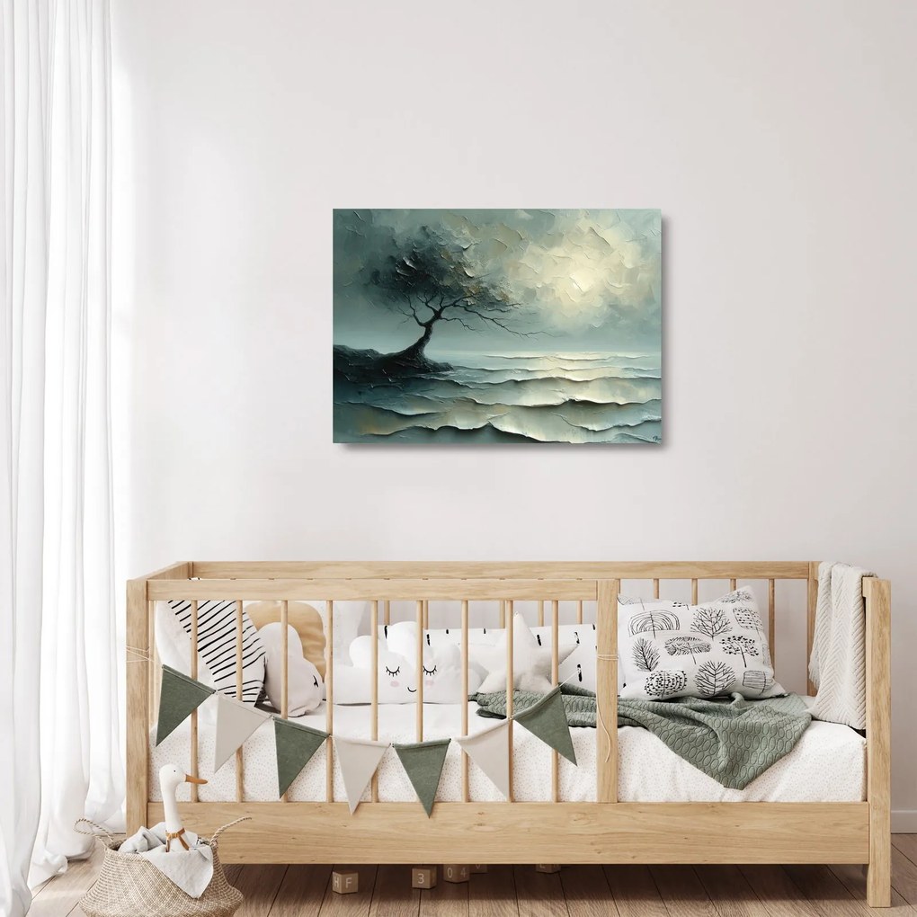 Tablou pe sticlă - pictură în ulei de un copac cu oceanul (70x50 cm)