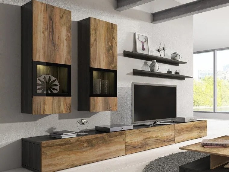 Camera de zi Austin AS100Nuc, Maro închis, Cu componente suplimentare, Părți separate, Cu comodă tv, PAL laminat, Sticlă călită, 270x41cm