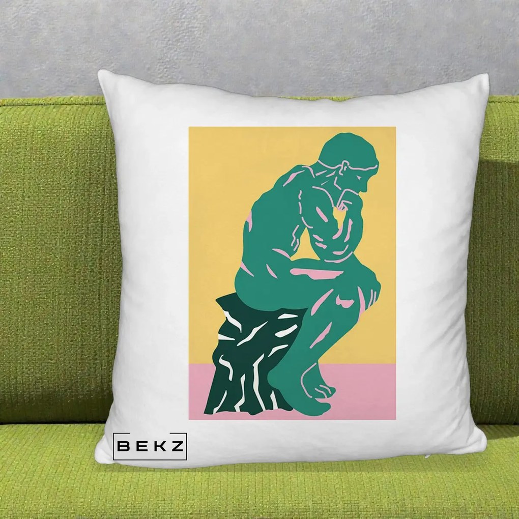 Perna Decorativa Ganditorul Sculptura Pop Art, 40x40 cm, Alb Pufos, Husa Detasabila, Perna Inclusa, BEKZ®