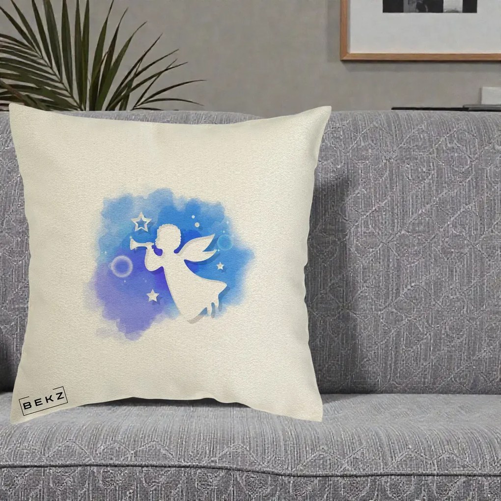 Perna Decorativa Inger cu Trompeta Albastru, 40x40 cm, Ecru, Husa Detasabila, Perna Inclusa, BEKZ®