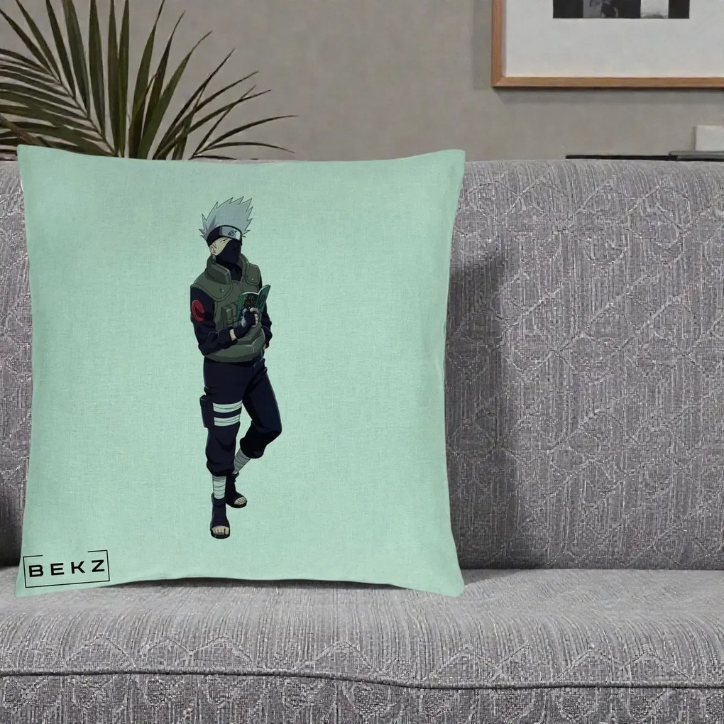 Perna Personalizata Naruto Kakashi Hatake Portret Complet, 40x40 cm, Verde Menta, Husa Detasabila, Perna Inclusa, BEKZ®