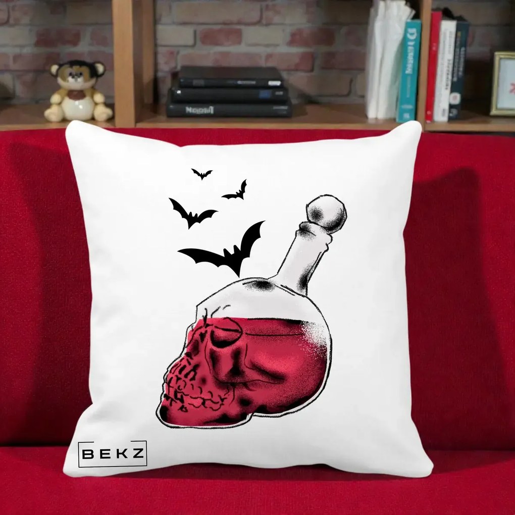 Perna Decorativa Halloween Craniu-Sticla cu Lilieci, 40x40 cm, Alba Mata, Husa Detasabila, Perna Inclusa, BEKZ®