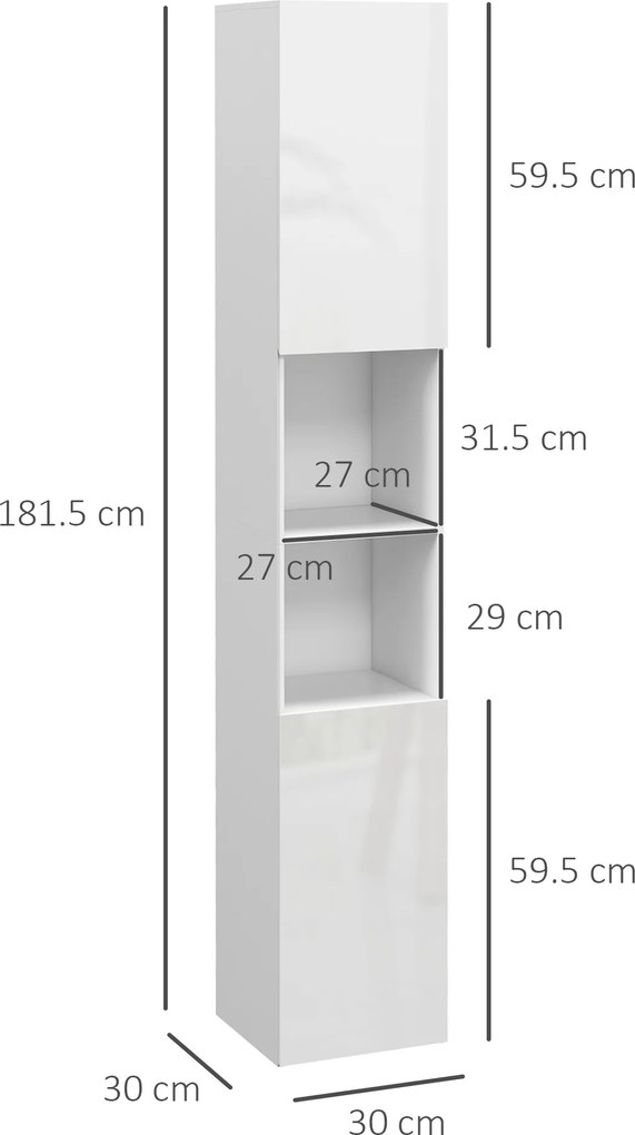 kleankin Dulap de Baie Înalt Slim 181,5 cm cu Rafturi Deschise și 2 Dulapuri, 30 x 30 x 181,5 cm, Alb | Aosom Romania