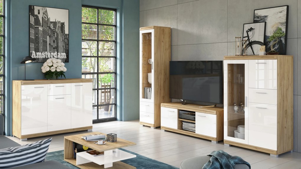 Mazzoni Comodă SIMPLE KWD3SZ1 Stejar Craft Auriu/Alb Luciu - VITRINA DULAP CU RAFTURI PENTRU LIVING STICLĂ CU LUCIU
