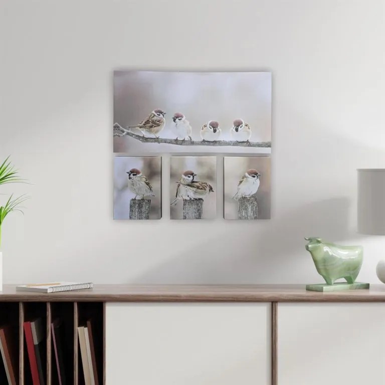 Set de tablouri de perete Vrabii pe ramură, 4 buc.