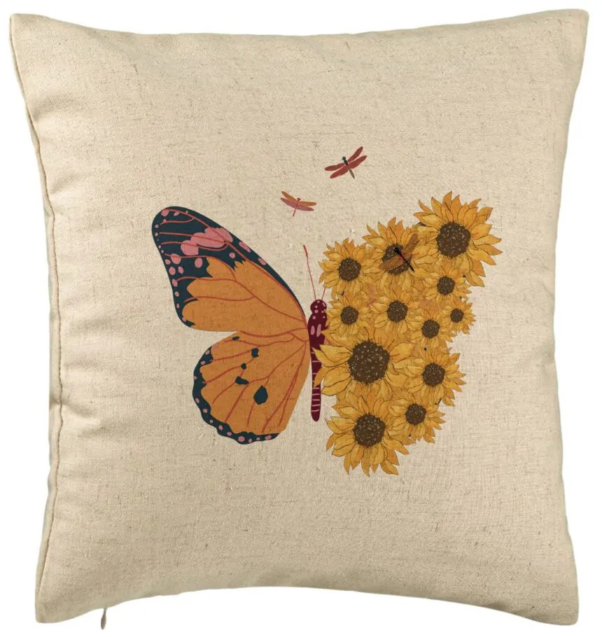 Perna Decorativa, Model SunFlower Butterfly, 40x40 cm, Bej, Husa Detasabila, Burduf