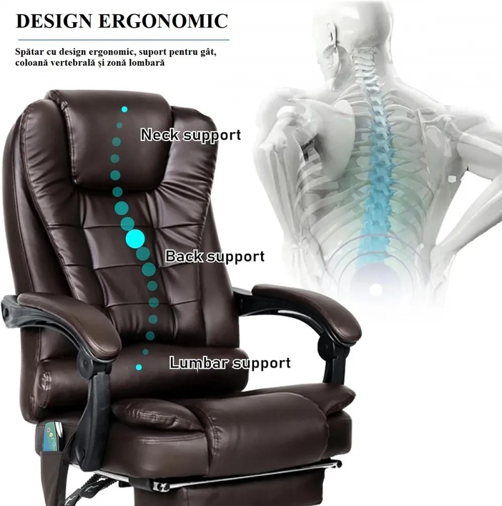 Scaun directorial cu Masaj, functie sezlong, suport picioare, SIB 075M, piele ecologica, Maro